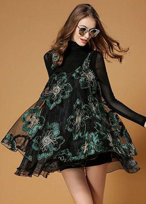 Beautiful Black Turtle Neck Embroideried Organza Two-Piece Set Spring