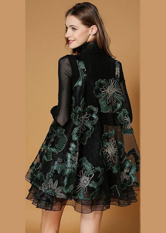 Beautiful Black Turtle Neck Embroideried Organza Two-Piece Set Spring