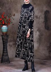 Beautiful Black Turtleneck Print Knit Patchwork Long Dress Long Sleeve