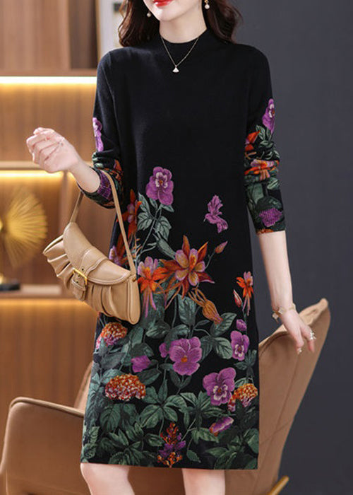 Beautiful Black Turtleneck Print Wool Knit Dress Long Sleeve