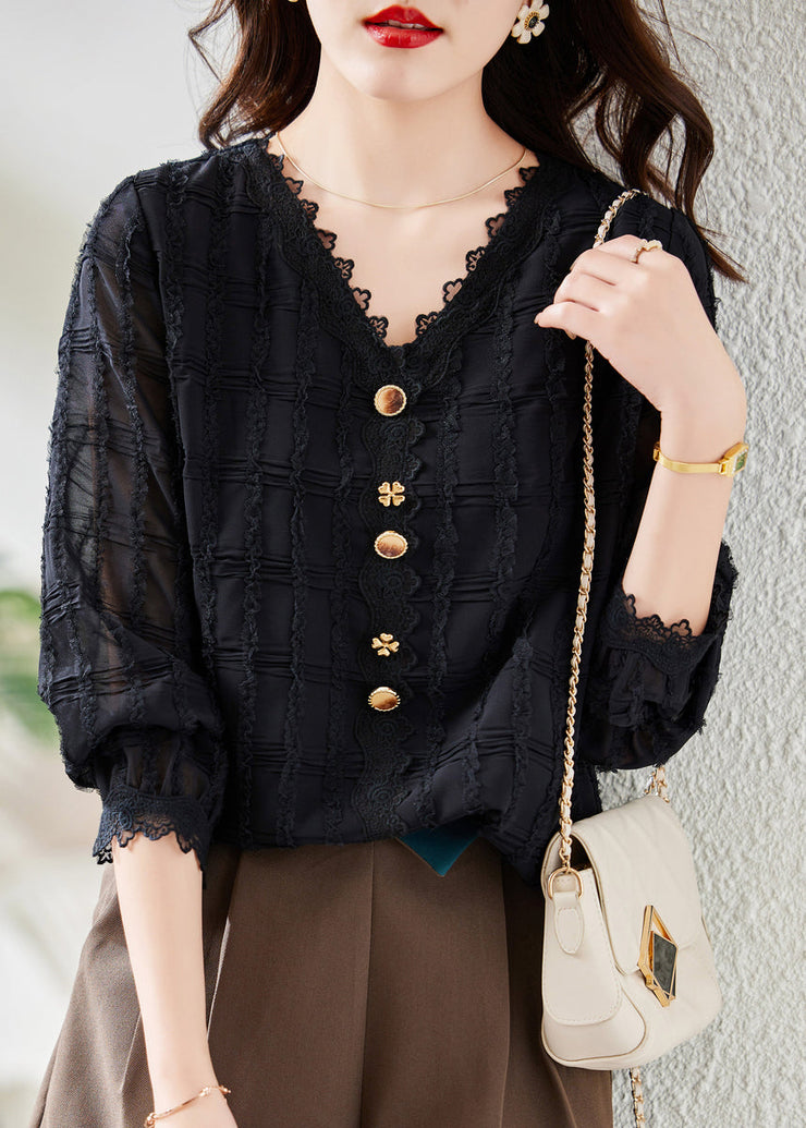 Beautiful Black V Neck Lace Patchwork Chiffon Shirt Top Fall