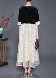 Beautiful Black V Neck Patchwork Lace Silk Velvet Long Dresses Half Sleeve