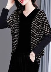 Beautiful Black V Neck Plaid Patchwork Velour Tops Long Sleeve