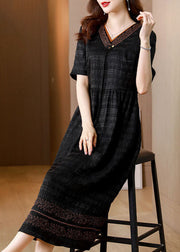 Beautiful Black V Neck Wrinkled Silk Long Dress Summer