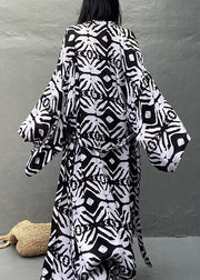 Beautiful Black White V Neck Print Tie Waist Long Holiday Cardigans Summer