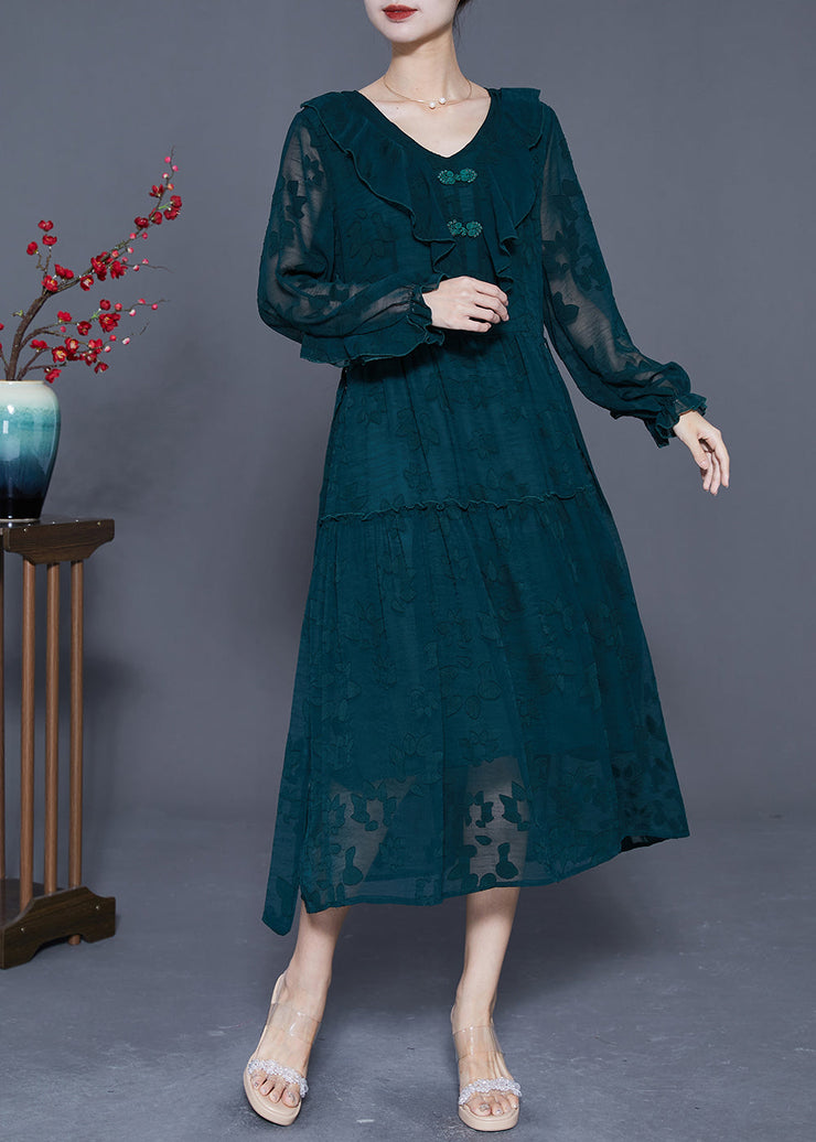 Beautiful Blackish Green Ruffled Patchwork Silk Maxi Dress Summer