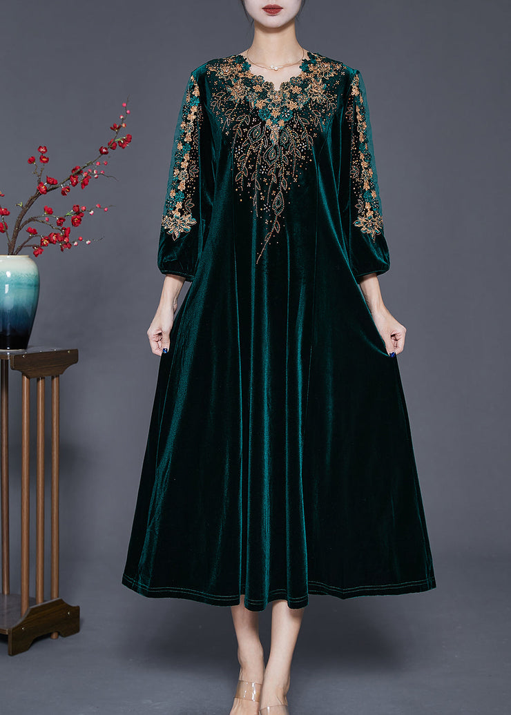 Beautiful Blackish Green V Neck Zircon Silk Velour Maxi Dresses Fall