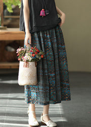 Beautiful Blue Elastic Waist Print Patchwork Linen Skirts Summer