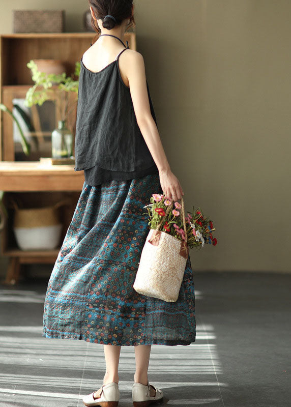 Beautiful Blue Elastic Waist Print Patchwork Linen Skirts Summer