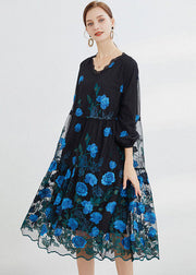 Beautiful Blue Embroideried Floral Tulle Long Dresses Long Sleeve