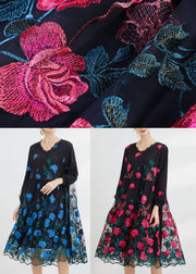 Beautiful Blue Embroideried Floral Tulle Long Dresses Long Sleeve