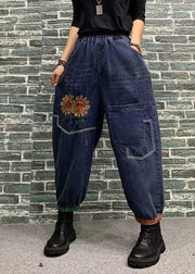 Beautiful Blue Embroideried Patchwork Elastic Waist Denim Crop Pants Spring