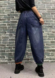 Beautiful Blue Embroideried Patchwork Elastic Waist Denim Crop Pants Spring