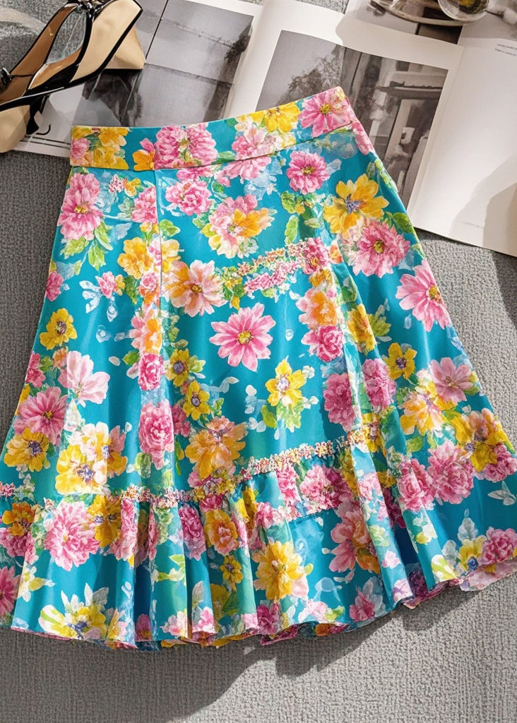 Beautiful Blue Floral Print Chiffon Wraped Skirts Summer