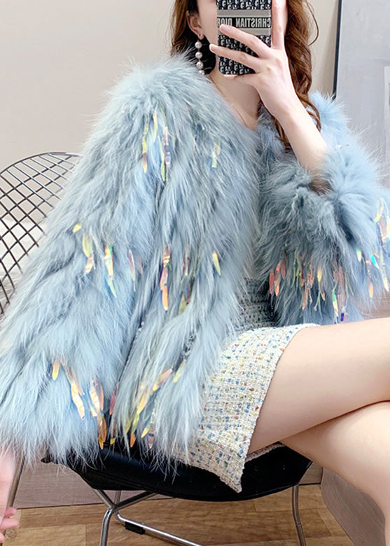 Beautiful Blue Grey O-Neck Tassel Leather And Fur Coats Winter