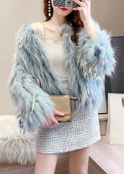 Beautiful Blue Grey O-Neck Tassel Leather And Fur Coats Winter