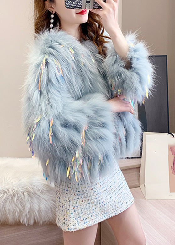 Beautiful Blue Grey O-Neck Tassel Leather And Fur Coats Winter