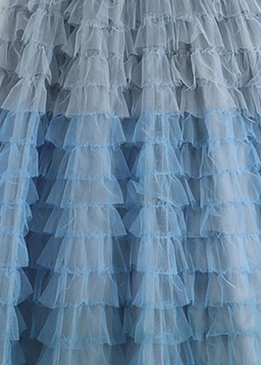 Beautiful Blue High Waist Patchwork Tulle A Line Skirts Summer