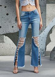 Beautiful Blue Hollow Out Denim Ripped Bell-bottom Trousers Fall