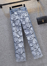 Beautiful Blue Lace Patchwork High Waist Wide Leg Jeans Summer