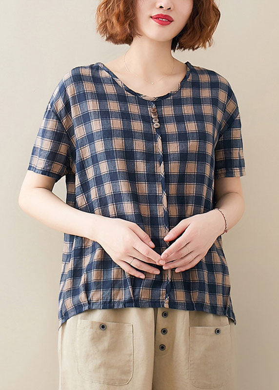 Beautiful Blue O Neck Plaid Cotton T Shirt Top Short Sleeve