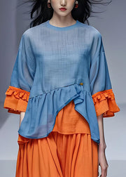 Beautiful Blue O Neck Ruffled Patchwork Cotton Tops Summer