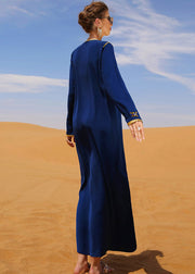 Beautiful Blue Patchwork Sashes Zircon Long Dress Long Sleeve