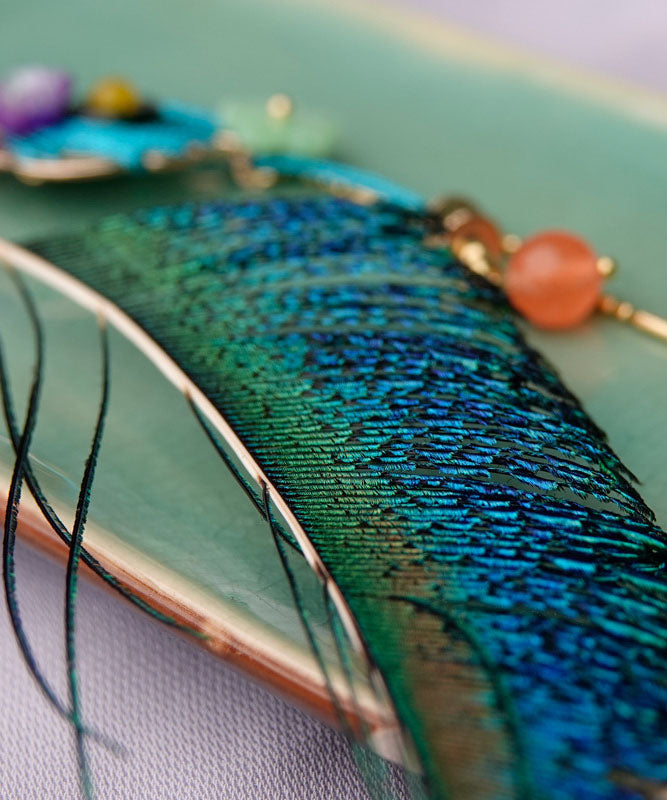 Beautiful Blue Peacock Feather Crystal Pearl Tassel Drop Earrings