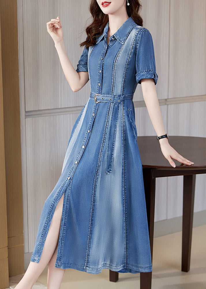 Beautiful Blue Peter Pan Collar Patchwork Sashes Silk Denim Long Dress Short Sleeve