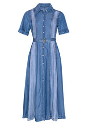 Beautiful Blue Peter Pan Collar Patchwork Sashes Silk Denim Long Dress Short Sleeve