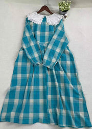 Beautiful Blue Plaid Embroideried Patchwork Cotton Dress Spring