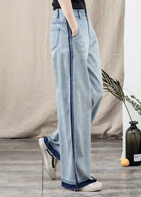 Beautiful Blue Pockets Patchwork Denim Wide Leg Pants Spring