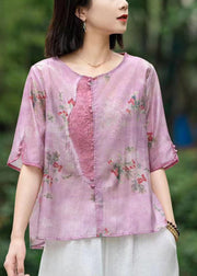 Beautiful Pink Print Patchwork Linen Shirts Short Sleeve