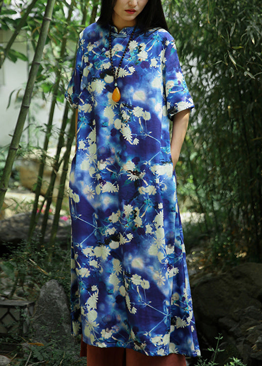 Beautiful Blue Print Pockets Linen Long Dresses Short Sleeve