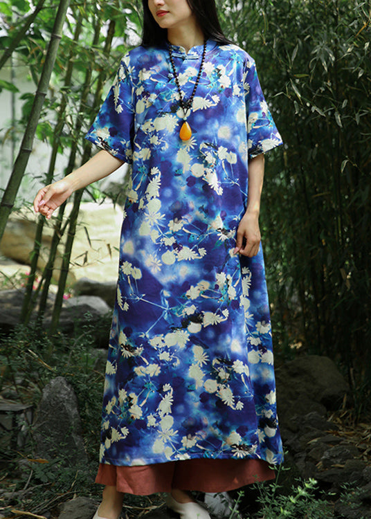 Beautiful Blue Print Pockets Linen Long Dresses Short Sleeve