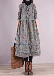 Beautiful Blue Ruffled Print Patchwork Cotton Dresses Fall