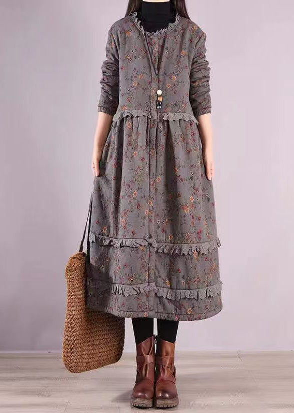 Beautiful Blue Ruffled Print Patchwork Cotton Dresses Fall