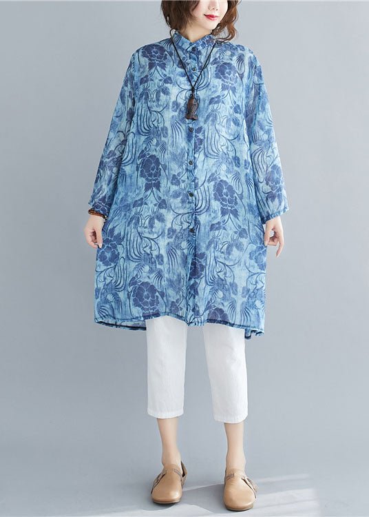 Beautiful Blue Stand Collar Oversized Print Linen Long Shirt Spring