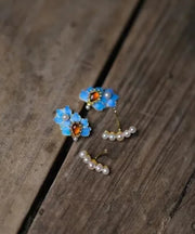 Beautiful Blue Sterling Silver Overgild Gem Stone Pearl Enameling Floral Tassel Stud Earrings