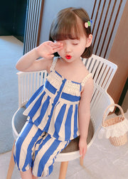 Beautiful Blue Striped Button Cotton Slip And Crop Pants Kids Two Pieces Set Sleeveless