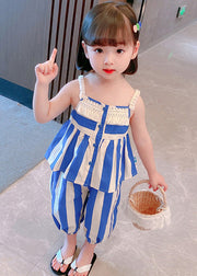 Beautiful Blue Striped Button Cotton Slip And Crop Pants Kids Two Pieces Set Sleeveless