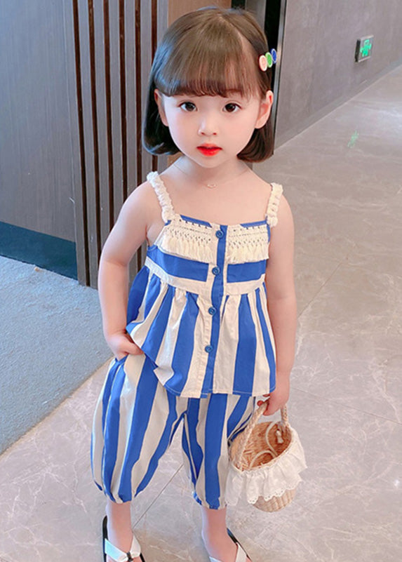 Beautiful Blue Striped Button Cotton Slip And Crop Pants Kids Two Pieces Set Sleeveless