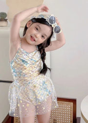 Beautiful Blue Tulle Patchwork Sequins Girls Beach One Piece Swimsuit Summer