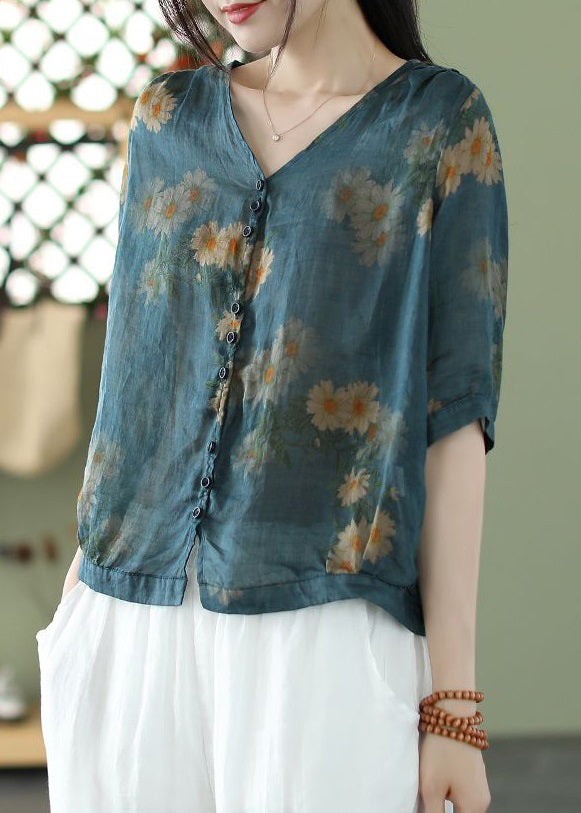 Beautiful Blue V Neck Button Print Cotton Shirt Summer