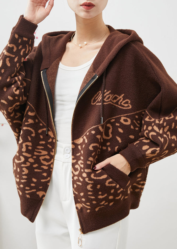 Beautiful Brown Hooded Print Woolen Coat Spring