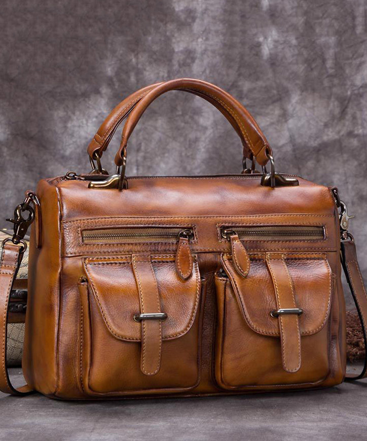 Beautiful Brown Solid Durable Versatile Pockets Calf Leather Tote Handbag