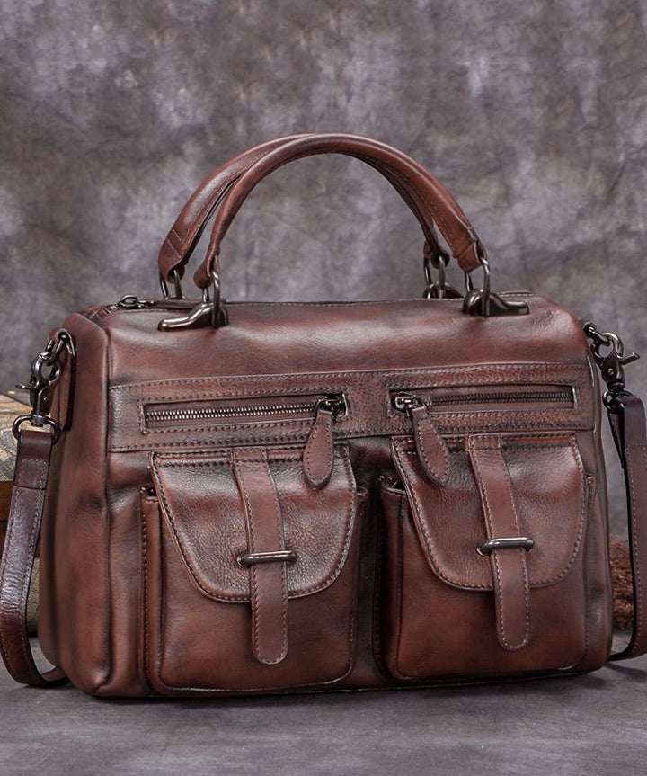 Beautiful Brown Solid Durable Versatile Pockets Calf Leather Tote Handbag