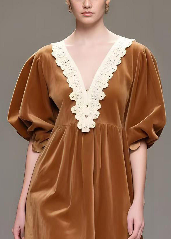 Beautiful Brown V Neck Patchwork Silk Velvet Tea Dresses Spring