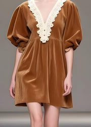 Beautiful Brown V Neck Patchwork Silk Velvet Tea Dresses Spring