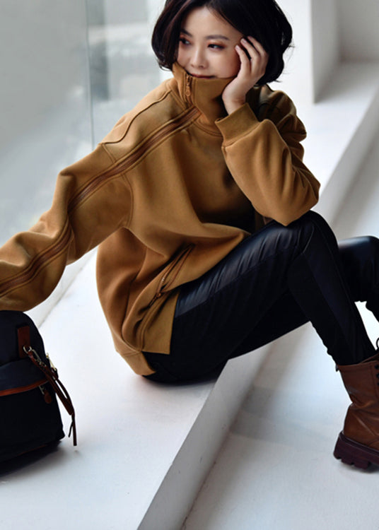 Beautiful Camel Colour Turtleneck Zippered Warm Fleece Thick Sweatshirt Winter